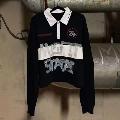 comprare Abbigliamento di strada personalizzato 2025 Buttone a righe Colletto sovradimensionato Strass Dtg Stampa Camicie da polo da rugby a manica lunga per uomini online manufacture