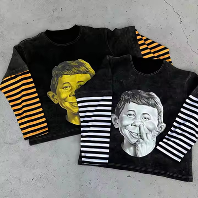 comprare T-shirt da uomo a doppio strato a manica lunga Custom Acid Wash 350gm Peso pesante T-shirt grafico con strisce online manufacture