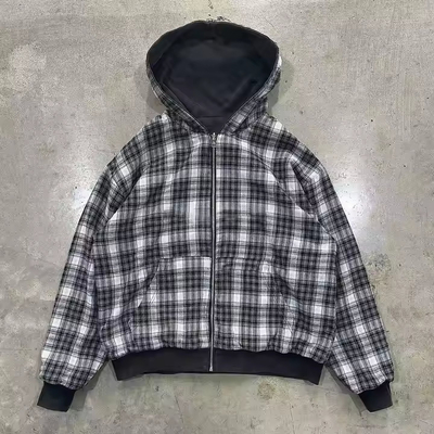 comprare Acid Wash personalizzato ricamato a strisce flannel zip up cappuccio giacca doppio strato cappuccio a quadri reversibile in cotone al 100% online manufacture
