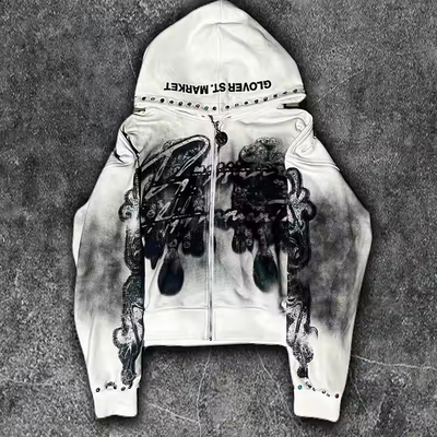 comprare Custom Dirty Lavatura Zipper Rhinestone Cappuccino Uomini Grafica Stampato Logo francese Terry Streetwear Vintage Distressed Cappuccino online manufacture