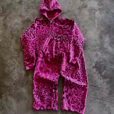 comprare Costume francese Terry Tracksuits Leopard Stampa Zipper Pantaloni da ginnastica e felpe Set Baggy Jogger Set Streetwear Uomini 2 pezzi Set online manufacture