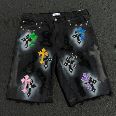 comprare Giubbotti personalizzati di alta qualità abbigliamento di strada Strass jeans corti ricamo in difficoltà patchwork denim Giubbotti corti per uomini online manufacture