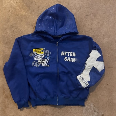 comprare Felpa con cappuccio oversize con zip, ricamo strappato, strass, pesantezza 500 gsm, in French Terry, stile autunno inverno online manufacture