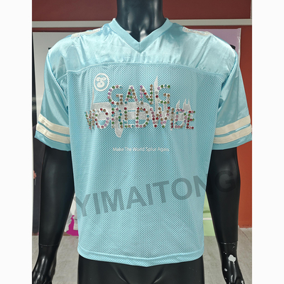 comprare Custom Streetwear Mens Boxy Cropped Rivet Rhinestone Satin Mesh T-shirt Americano Retro Traspirante Sport Football Jersey online manufacture