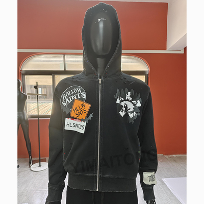 comprare Ricamo personalizzato Patchwork Zipper Hoodies Peso pesante di cotone Streetwear Vintage Acid Wash Zip Up Hoodie Uomini online manufacture