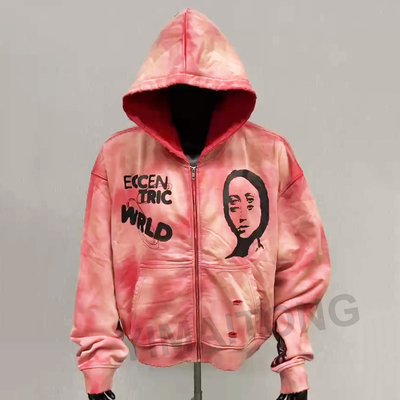 comprare Felpa con cappuccio da uomo vintage con lavaggio acido, sbiadita dal sole e strappata, con ampio cappuccio e zip in French Terry, Streetwear online manufacture