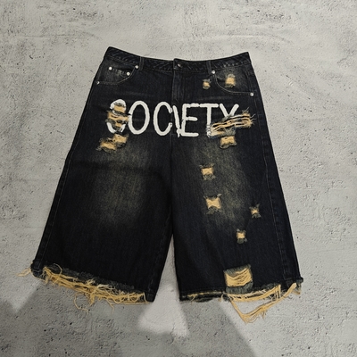 comprare Produttore personalizzato Jorts Jeans corti stampati Streetwear Vintage Neri Lavati Baggy Pantaloncini di jeans da uomo online manufacture
