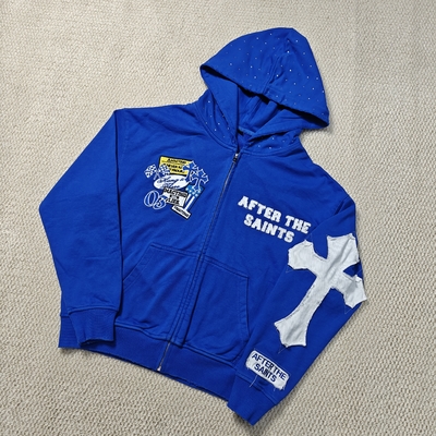 comprare Custom Streetwear Men Heavyweight 420 gsm Distressed Embroidery Cotton French Terry Rhinestone Hood Zip Up Hoodie online manufacture