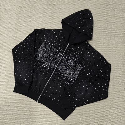comprare Custom Bulk Luxury Shining Gemstone Oversized Rhinestone Zip up Hoodie Acid Wash Vintage Streetwear Zipped Hoodie for Men online manufacture