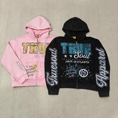comprare Custom DTG Screen Printing Boxy Heavyweight Zipper Jackets Cotton Distressed Rhinestone Zip up Men Hoodie online manufacture