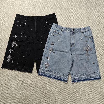 comprare Clothing Manufacturers Custom Streetwear Rhinestone Vintage Black Jeans Shorts Rhinestone Denim Shorts Jorts for Men online manufacture