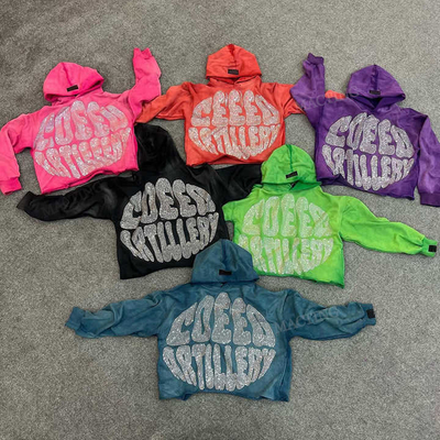 Abbigliamento di strada su misura Peso pesante francese Terry cotone Acid Wash Pullover Strass tagliato Hoodie Uomini