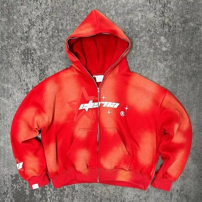 100% di cotone Peso pesante felpa con cappuccio Vintage Acid Wash Sole sbiadito Pulp Printing Full Zip Up
