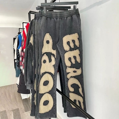 Pantaloni da ginnastica a misura di cotone pesante, ricamo distressato, patchwork, pantaloni da ginnastica gonfiabili, regolare