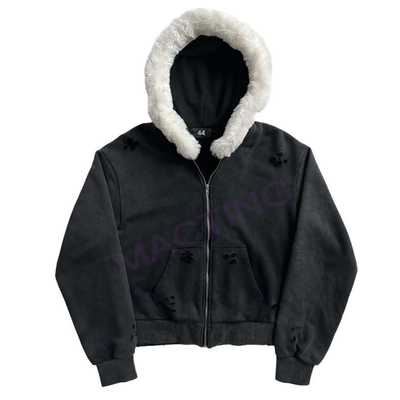 Acido solido lavaggio sole sbiadito distressato personalizzato full zip up felpe cappotto con colletto di pelliccia