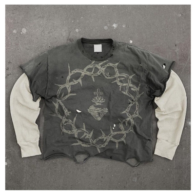 T-shirt da uomo con maniche lunghe con acido di gomma grezzo lavato con tessitura a maglia