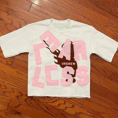 T-shirt maschile di grandi dimensioni T-shirt con ricamo con patch in stile hip hop lavato con acido