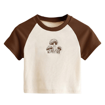 T-shirt da donna con ricamo grafico con design di funghi e maniche di raglan