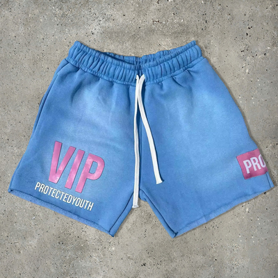 Puff Stampa corto pantaloncini lavati con acido blu Taglio crudo Hem di cotone Fleece Zipper Tasche Streetwear Sudore