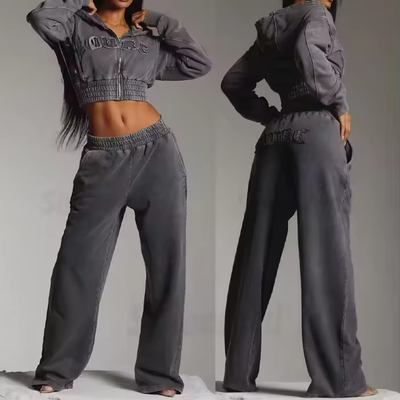 Costume donna Sweatsuit Acid Wash Zip Applique Distressed ricamo Patch tagliato felpa e pantaloni da ginnastica