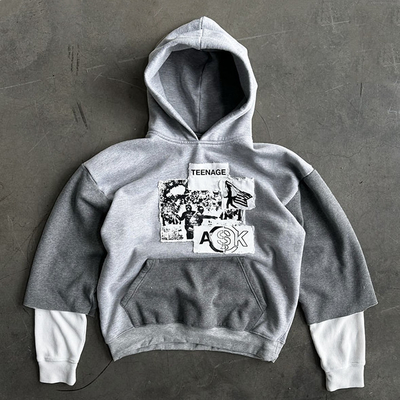 Pullover grigio maschile con felpa con ricamo a patchwork e manica a waffle a doppio strato