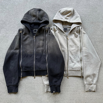 Patch su misura Triple Zip Up Peso pesante francese Terry sbiadito Acid Wash Hoodie