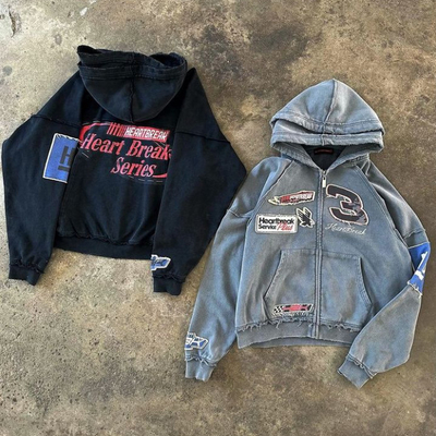 Hoodie a cucitura reversibile personalizzata Applique Ricamo distressato Lavaggio in pietra Oversized Double Hooded Zip Up Hoodie
