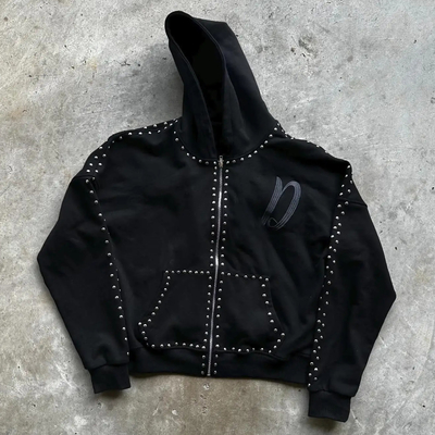 Abbigliamento di strada su misura Boxy Fit French Terry 100% cotone Zip Up Rivet Studded Strass Uomini Hoodies