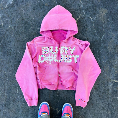 Fleece lavato vintage su misura Terry francese Peso pesante spessa cristallina Strass doppio zip up Hoodie uomini