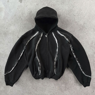 Hoodie Streetwear Custom Vintage Fringed Strip 100% Cotton Distressed Zipper Peso pesante Boxy Fit Hoodies tagliati
