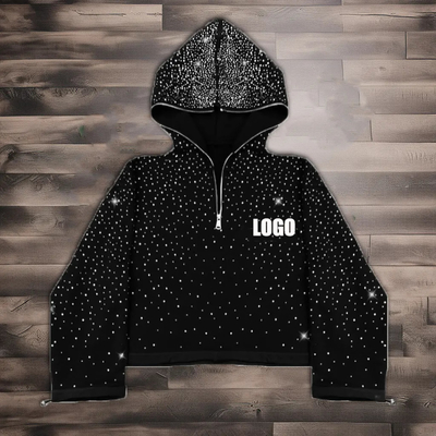 Streetwear personalizzato 380 500gm maschile francese terry velluto tutto stampato strass casellato ritagliato viso intero mezzo zip up felpa con cappuccio uomini
