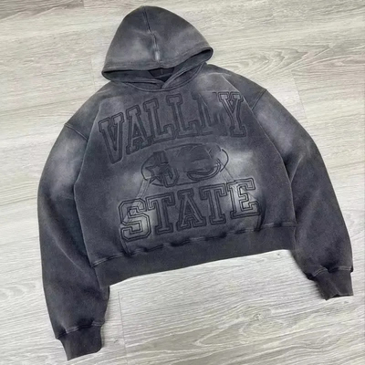 Produttori di abbigliamento Oem Pullover cotone Sole sbiadito abbigliamento da strada di grandi dimensioni Vintage Acid Wash Distressed Hoodies ricamati