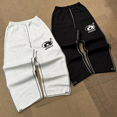 Pantaloni da ginnastica a gambe larghe in francese da 500 Gsm con ricamo regolabile con cinghia di traino con manopola con sacchetto