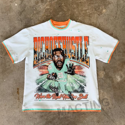 Verano 2025 Nuova T-shirt a tre strati personalizzata Streetwear 100% cotone Peso pesante Distressed Stampato T-shirt a taglio scatola per uomini