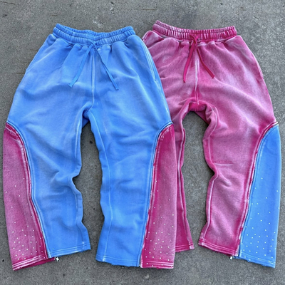 Custom Double Waist Pantaloni da sudore da cotone vintage da lavaggio acido Pantaloni da sudore da stress Strass Pantaloni da sudore a gambe larghe per uomini