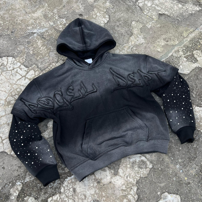 Custom lavato al sole sbiadito uomini in difficoltà tagliato cotone Terry Peso pesante 420 Gsm Zip Up Rivet Studded Strass Hoodie