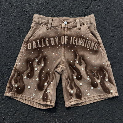 Custom 2025 Summer Strass Jeans Shorts Streetwear Marrone Denim lavato Short Pants Vintage Baggy Jorts