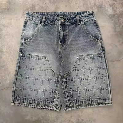 Uomini lavati con spray personalizzati abbigliamento da strada 3D in incisione calzoncini Baggy uomo JHalf jeans corti carpentiere denim jeans short