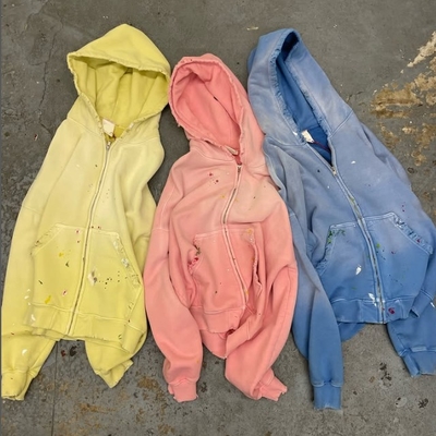 Custom lavato al sole sbiadito uomini in difficoltà tagliato cotone Terry Peso pesante 420 Gsm Zip Up Rivet Studded Strass Hoodie