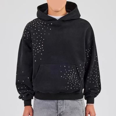 Felpa con cappuccio pullover personalizzata da uomo streetwear ricamo logo vintage lavaggio acido oversize spalle scese felpa con strass