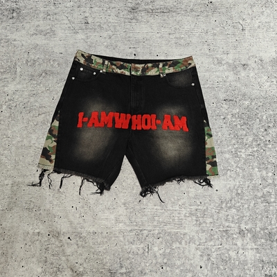 Toppe ricamate personalizzate per asciugamani Logo Camo Pantaloncini larghi Streetwear Pantaloncini di jeans vintage in denim con orlo grezzo di alta qualità per uomo