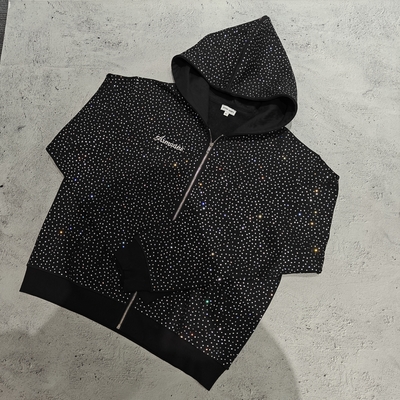 2025 Custom Big Hood Zipper Hoodie Jacket 100% di cotone francese Terry All Over Print Strass Zip UpHoodie per Uomini