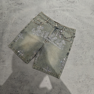 Pantaloncini da uomo in denim streetwear pesante oversize baggy con cristalli bling lavati in pietra personalizzati, 100% cotone, jorts vintage
