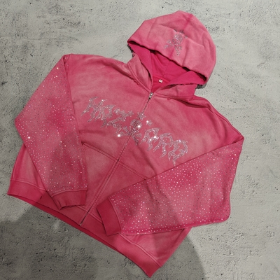 Custom Diamond Baggy Boxy Fit Acid Wash Zip Up Giacche Vintage Peso Pesante Streetwear Distressed Strass Hoodie Uomini