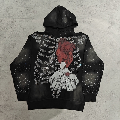 Felpe con cappuccio personalizzate di alta qualità streetwear scheletro teschi grafica pullover vintage lavaggio acido sbiadito dal sole felpa con cappuccio con strass da uomo