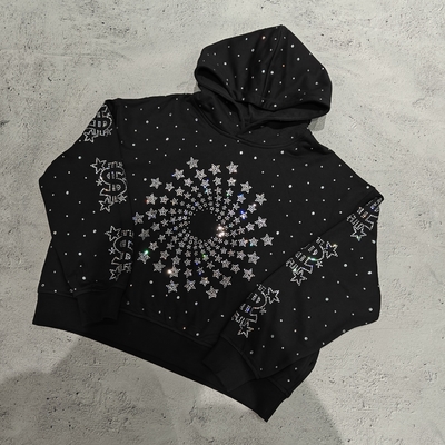 Felpa con cappuccio oversize baggy boxy di lusso con diamanti personalizzati, felpa vintage streetwear pesante con strass per uomo