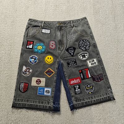Patch di ricamo personalizzati Logo Baggy Jorts Streetwear di alta qualità Raw Hem Vintage Denim Jean Shorts per uomini