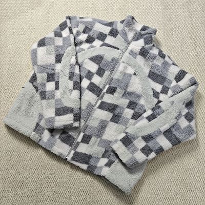 Felpa con cappuccio in pile caldo patchwork a quadri invernale streetwear personalizzata di alta qualità con zip, soffice, foderata, tinta unita, giacca sherpa